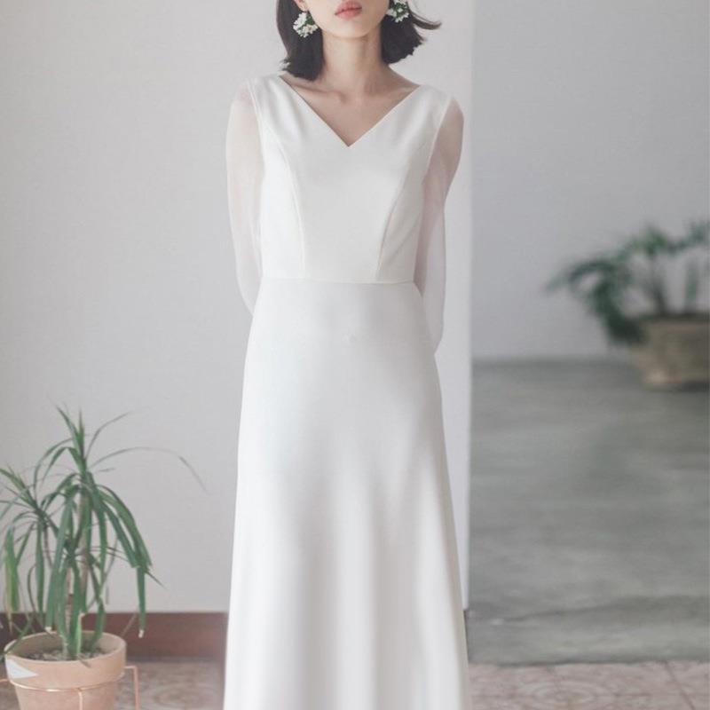sleeves long dress wedding female dress evening satin white