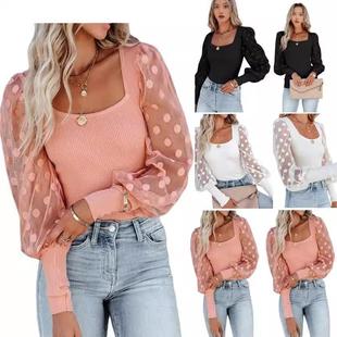 Square Neck Mesh Womens Dot Casual Polka Splicing Fashion