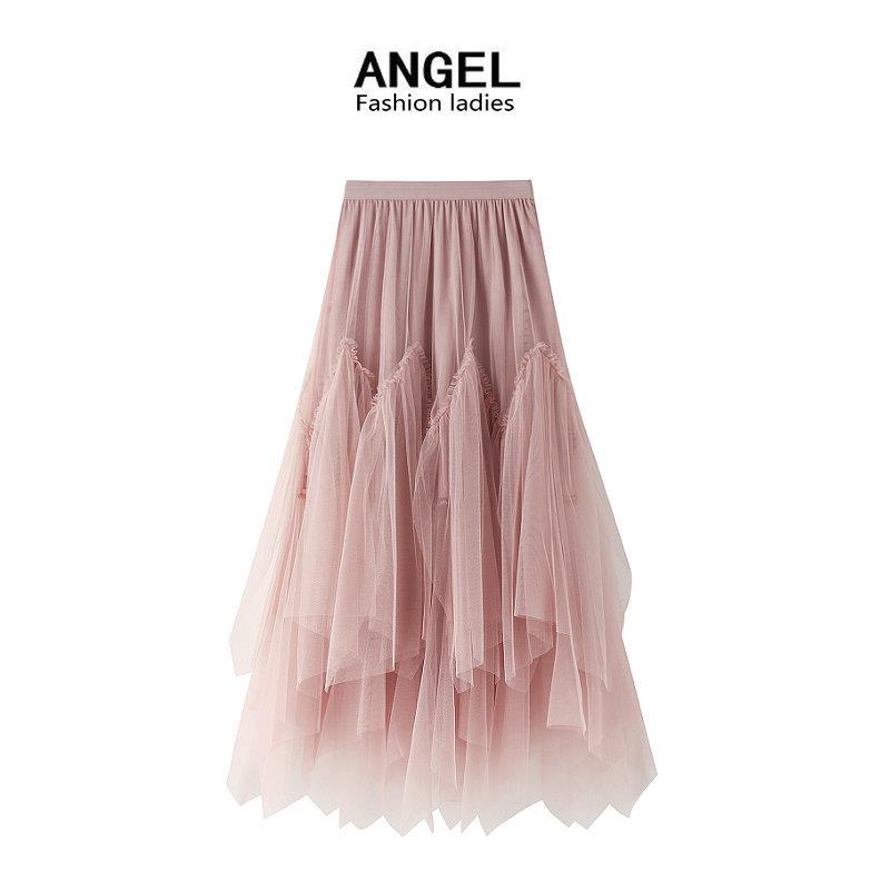 pleated irregular mesh long tulle fluffy skirt A-line
