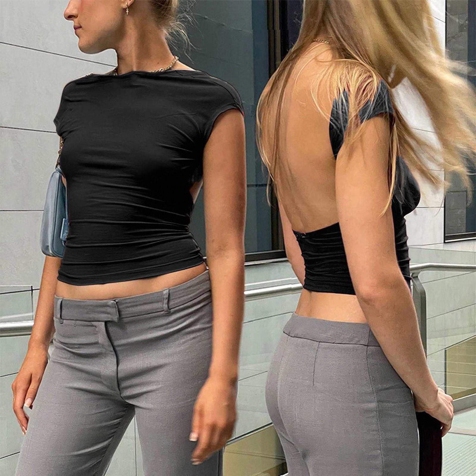 Hollow backless top tight short sleeves exposed navel half