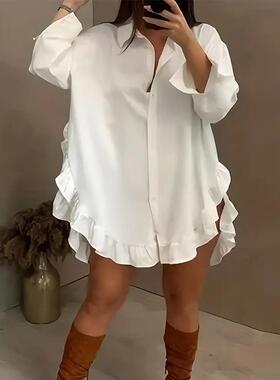 ruffle loose shirt dress autumn lapel neck long fashion