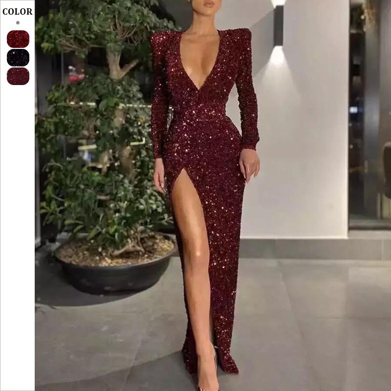 slits with dress sequined embroidered long-sleeved V deep