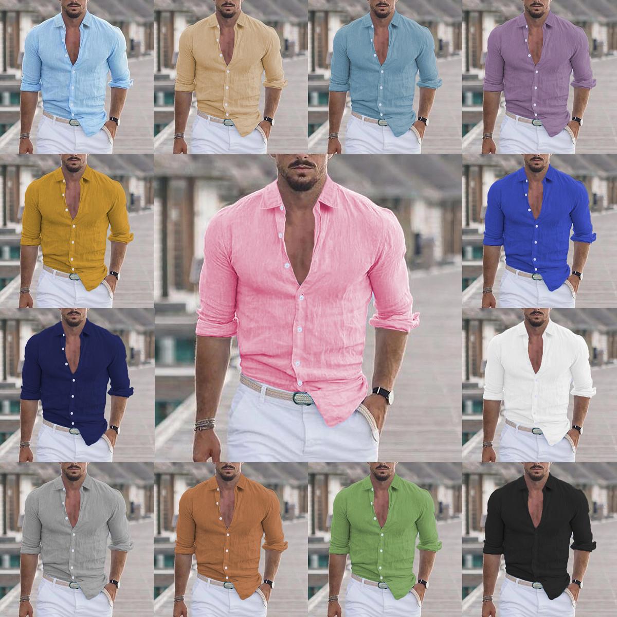 Mens Cotton Linen Lapel Beach Shirt Long Sleeve Solid Color