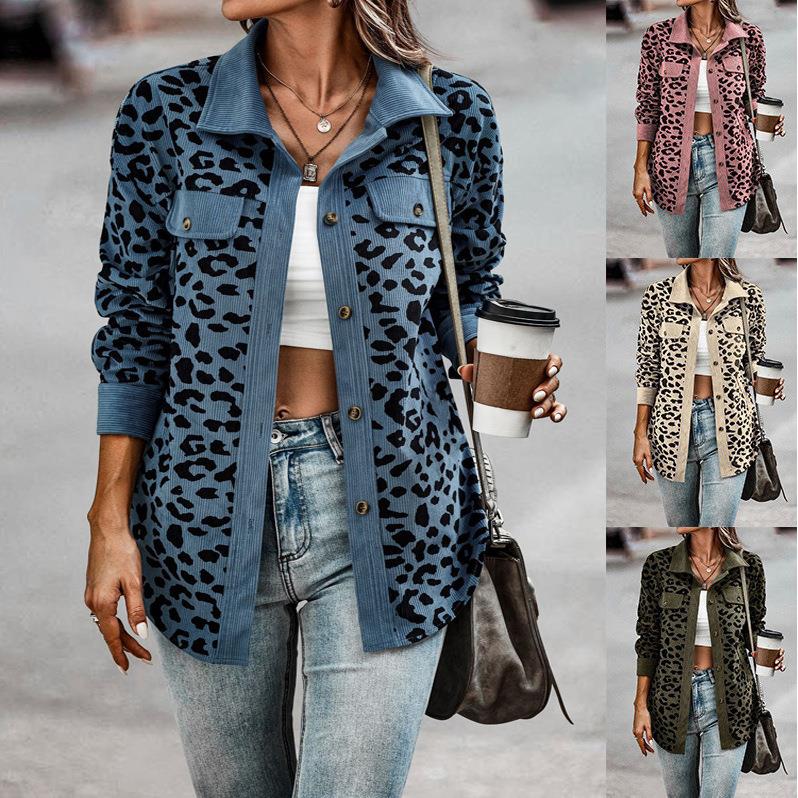 Womens Button Women Sleeve Print Long Jacket Leopard