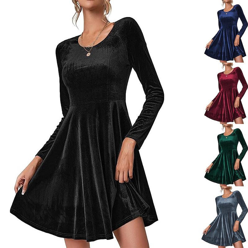 Long Green Sleeve Neck Velvet Black Round Womens Swing