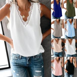 small vest loose neck lace stitching color solid top