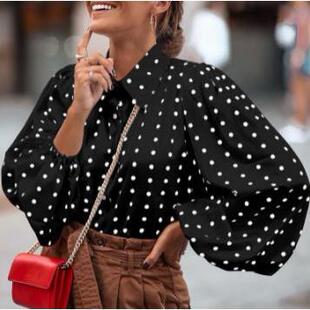 lantern womens dot lapel Fashion sleeve polka shirt loose
