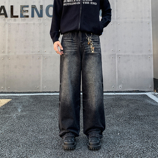 小柯XCOK美式复古猫须水洗黑灰牛仔裤男高街cleanfit直筒阔腿长裤