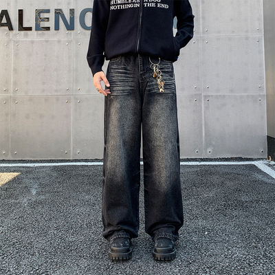 小柯XCOK美式复古猫须水洗黑灰牛仔裤男高街cleanfit直筒阔腿长裤