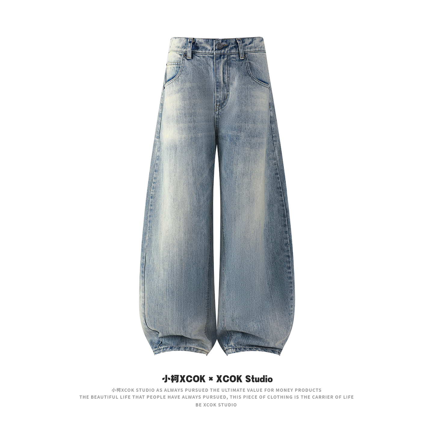 竹节弯刀水洗牛仔裤宽松直筒裤