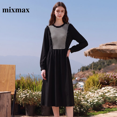 MIXMAX/美姿宝莲慵懒风拼接连衣裙2026秋新款撞色条纹长袖茶歇裙