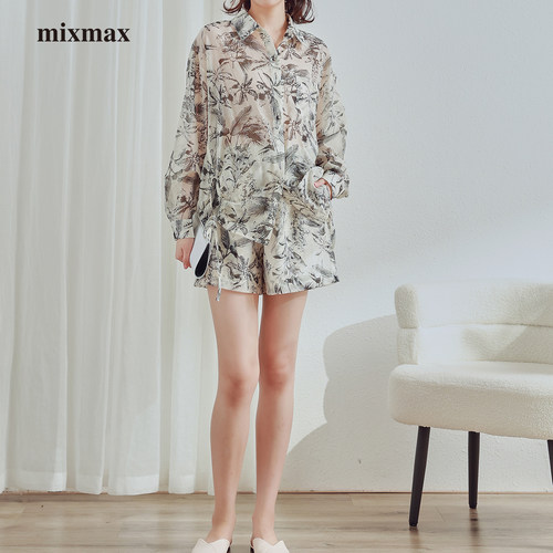 MIXMAX2024夏季新款时尚清凉衬衫套装女上衣短裤休闲印花宽松长袖