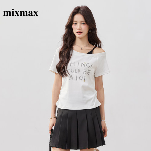 MIXMAX/美姿宝莲2026夏新款甜酷斜露肩印花T恤女抽褶收腰显瘦短袖