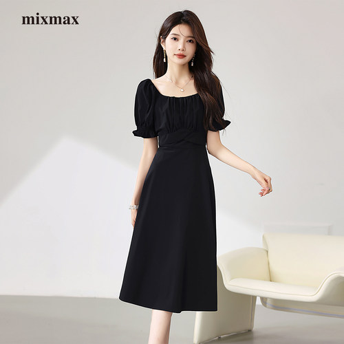 MIXMAX2024夏季新款知性优雅复古高腰显瘦缩褶方领中长款连衣裙女