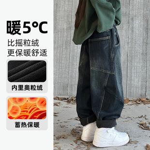 2025冬季中性风男女童复古软加绒牛仔裤 熊猫圆圆儿童加绒裤子