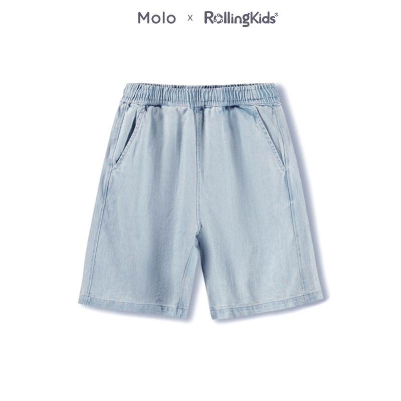 Molo 休闲牛仔短裤男女童松紧腰浅蓝色直筒裤百搭丨RollingKids