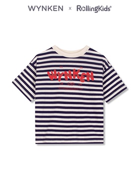 WYNKEN 条纹圆领短袖T恤藏青色字母印花休闲上衣丨RollingKids