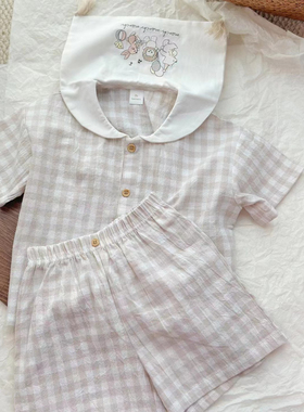 日单cottoli小木马格子绉纱纯棉透气刺绣翻领短袖短裤套装男女宝