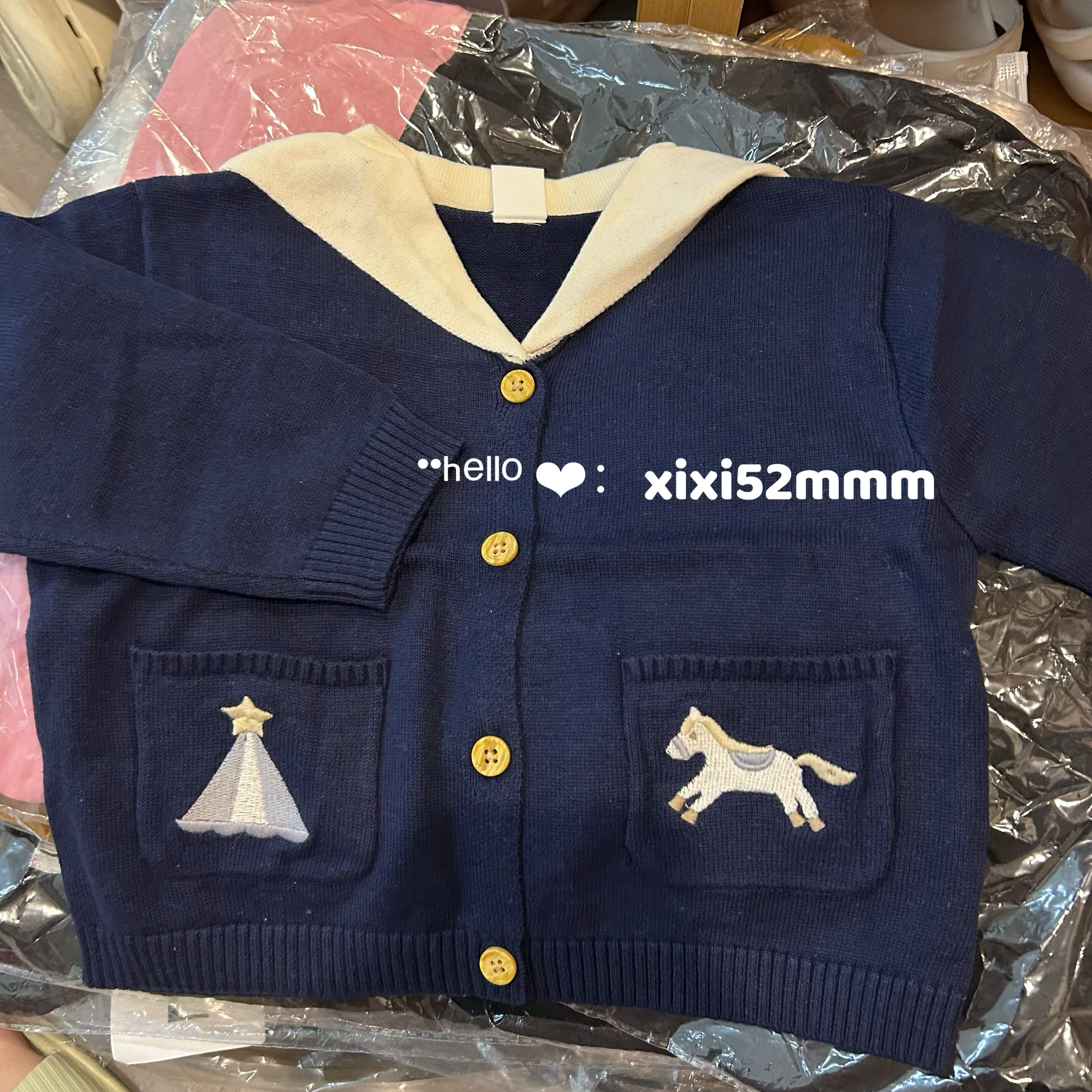 原d秋日单cottoli小木马薄款针织翻领开衫外套海军风刺绣男女宝