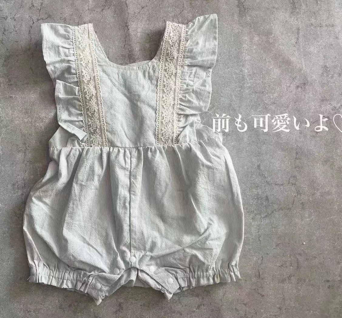 日单cottoli小木马无袖飞袖蝴蝶结花边条纹爬服短爬哈衣棉纱女宝