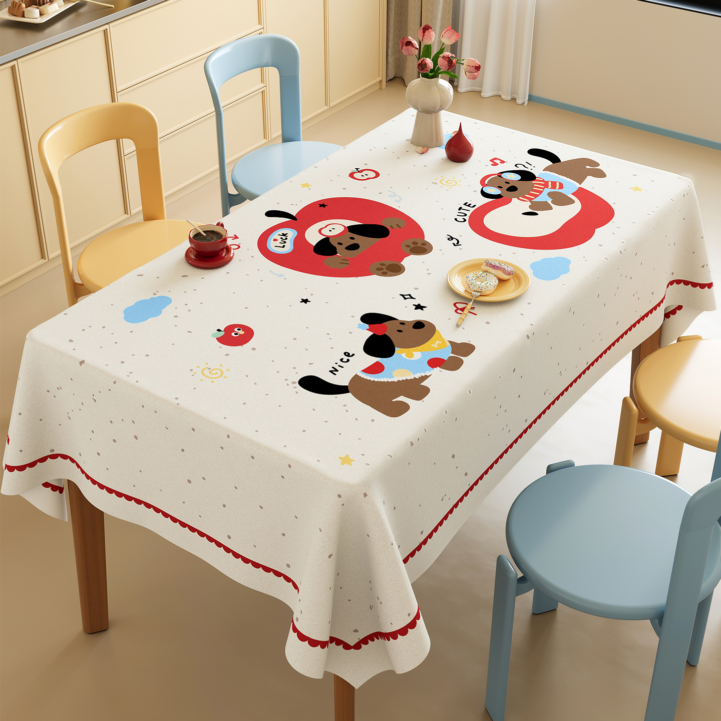 奶油小狗棉麻防水防油餐桌垫桌布