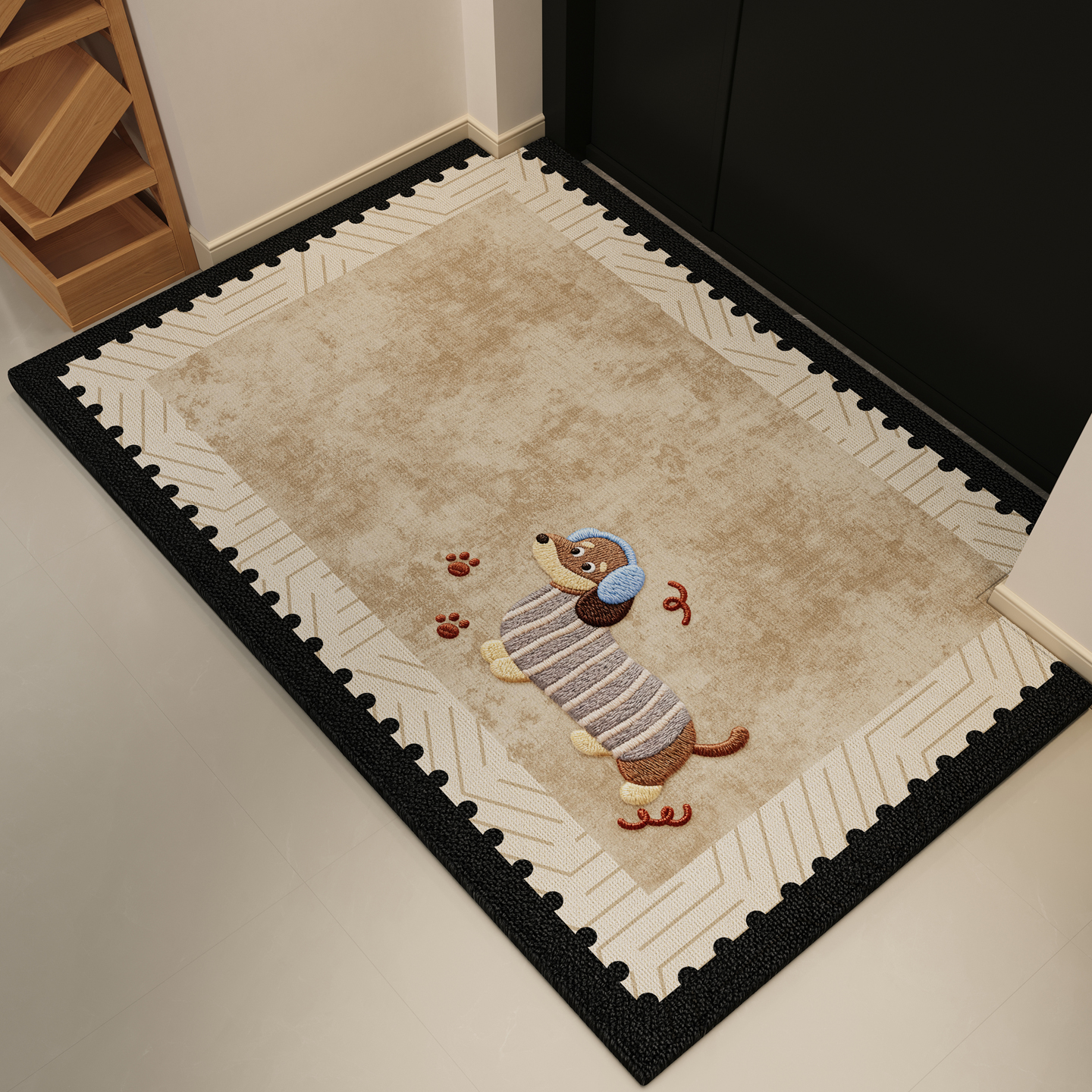 奶油小狗圈绒入户门地垫ins卡通风玄关室外门口脚垫免洗门垫地毯