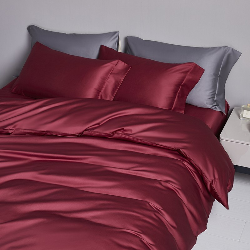 红色四件套婚庆140s长绒棉简约复古红纯棉全棉酒红色结婚床上用品
