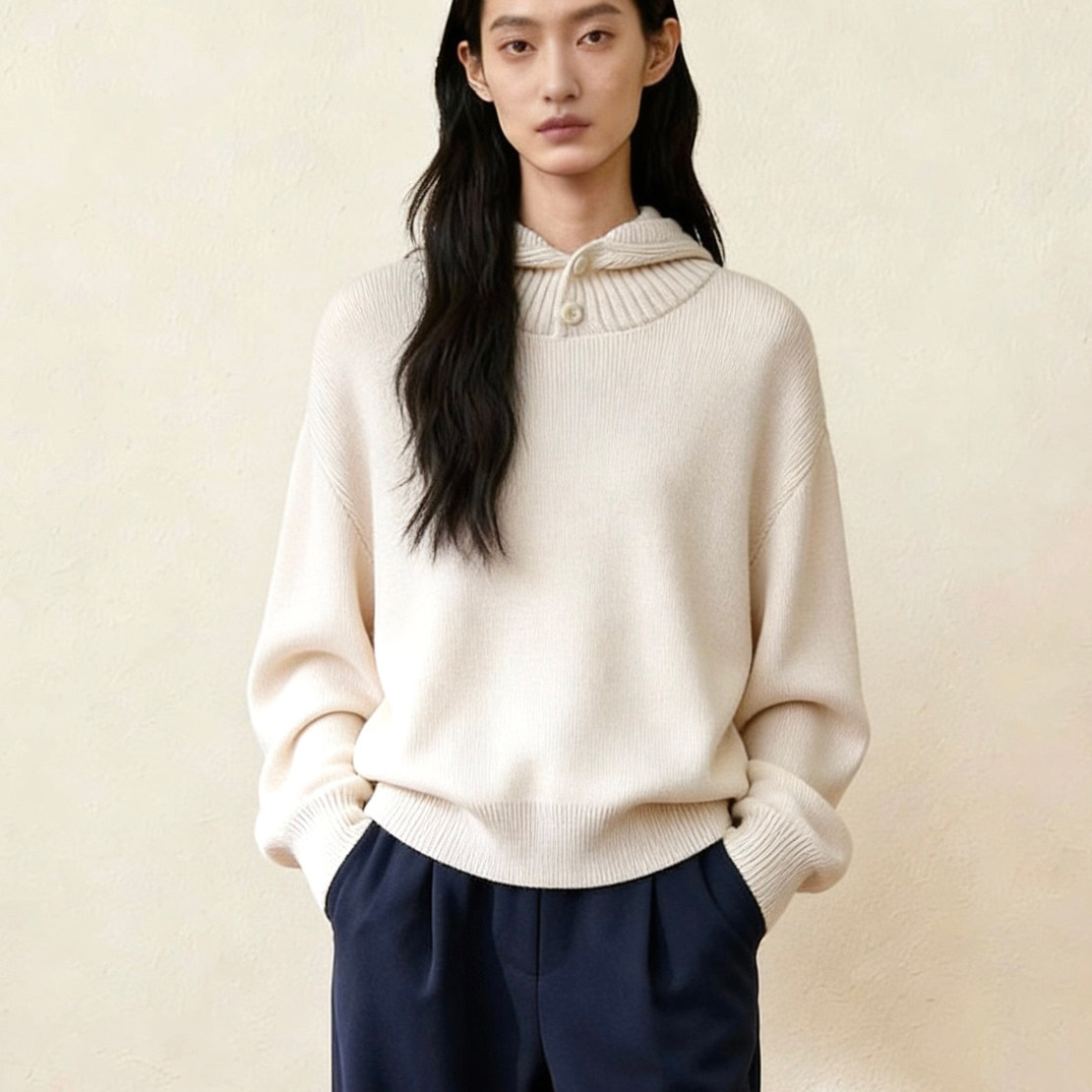 lem*奶油白松弛感老钱风连帽针织衫女宽松显瘦百搭毛衣套头打底衫