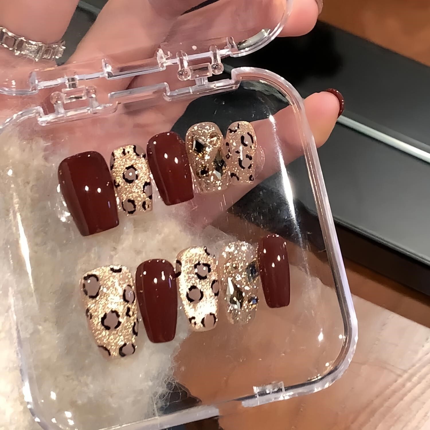 豹纹金秋猫眼红棕铂金闪钻穿戴甲