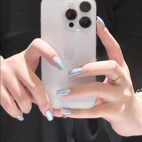 Hailey海莉同款欧美裸粉色蓝色月光珍珠极光穿戴甲纯手工光疗婚甲