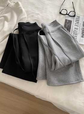 系云砂漫步加绒裤女无痕剪裁高腰抽绳阔腿裤冬季韩版直筒休闲裤