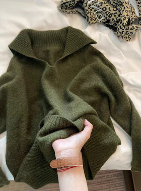 秋冬新年红绵羊毛翻领毛衣女秋冬保暖百搭慵懒针织领上衣