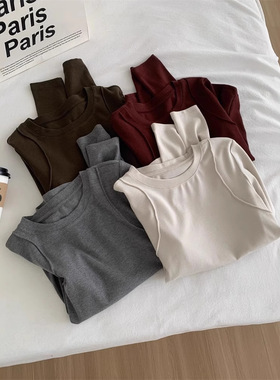 秋冬面膜打底明线设计长袖打底衫女春秋显瘦百搭正肩大弹力上衣