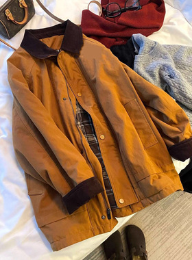 南瓜橘撞色翻领外套女复古韩版百搭感工装夹克外套上衣女