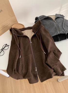 简约韩版双面磨毛连帽开衫女秋冬新款小个子拉链卫衣宽松休闲外套