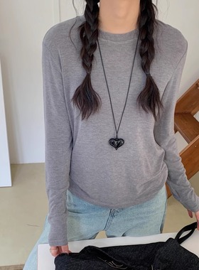 羊绒手感韩版软糯圆领长袖恤女秋季宽松显瘦内搭针织打底衫上衣