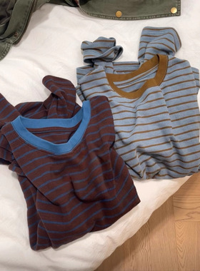 条纹撞色慵懒风条纹打底女秋季宽松百搭设计感显瘦韩系上衣