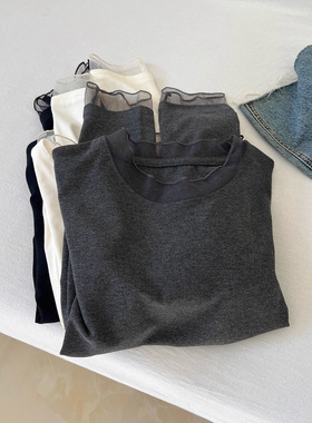 蕾丝拼接打底衫~秋冬温柔系毛衣内搭弹力显瘦直筒长袖外穿恤