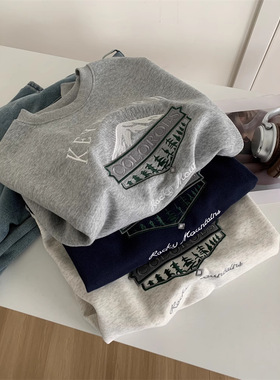 秋韩版显瘦刺绣圆领套头卫衣女宽松休闲减龄百搭学生上衣潮