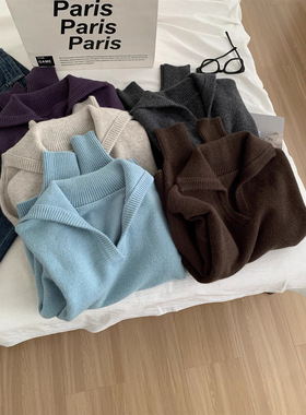宽松大翻领套头毛衣女糯叽叽羊毛针织衫秋冬慵懒风打底外穿毛衣