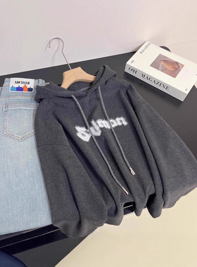 秋季糯米绒重工刺绣抽绳连帽套头卫衣女字母宽松显瘦上衣外套