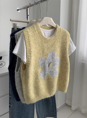 秋冬叠穿小个子韩版减龄花朵针织背心女亲肤柔软毛衣马甲上衣