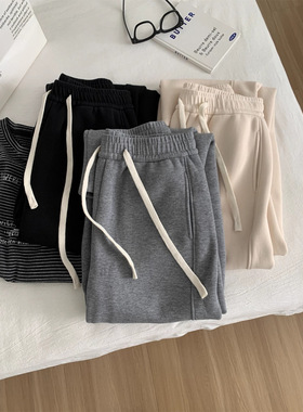 秋冬显瘦加绒弯刀裤女拼接抽绳直筒休闲卫裤冬季加厚保暖哈伦裤