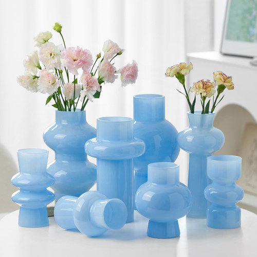 法式中古花瓶玻璃清新蓝色高级感插鲜花器简约桌面摆件居家装饰品