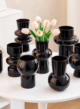 中古小众玻璃花瓶摆件客厅ins风黑色水养插花鲜花干花创意高级感