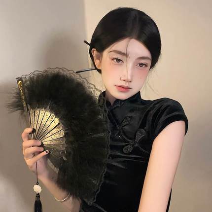 新中式黑色复古蕾丝配旗袍的走秀配饰古风扇子羽毛扇舞蹈折扇仙气