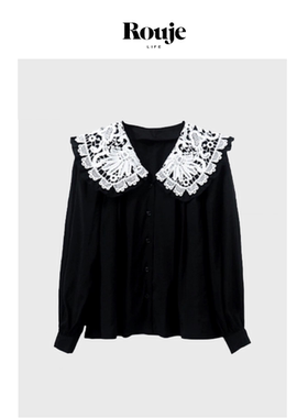 【现货】Rouje Life章若楠同款黑色衬衫女娃娃领蕾丝拼接长袖上衣