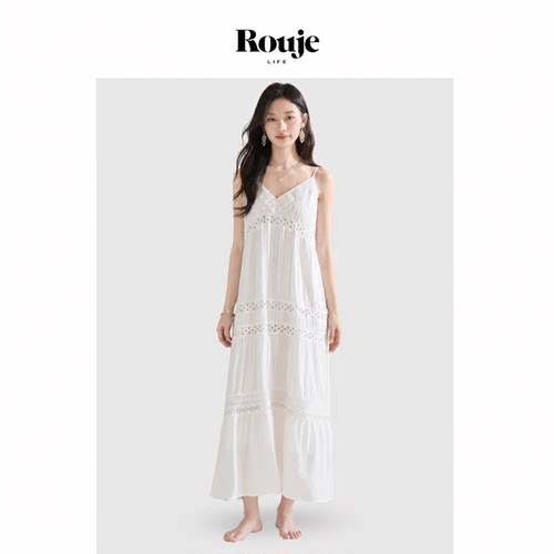 【现货】Rouje Life浅白月光拼接镂空花边吊带连衣裙A字度假长裙