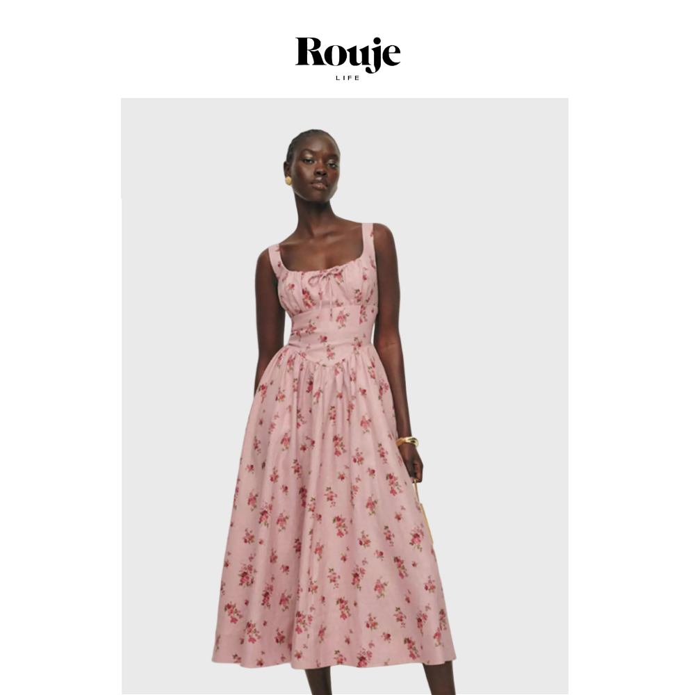 【现货】Rouje Life夏亚麻粉色方领中长款度假风连衣裙法式复古女