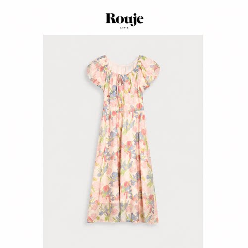 【现货】Rouje Life茶歇法式天丝海边度假油画碎花收腰气质连衣裙